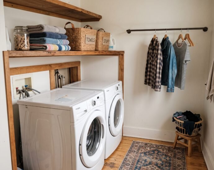 Small laundry room with stacked washer and dryer, wood shelf with baskets, and shirts air-drying on a slim rod