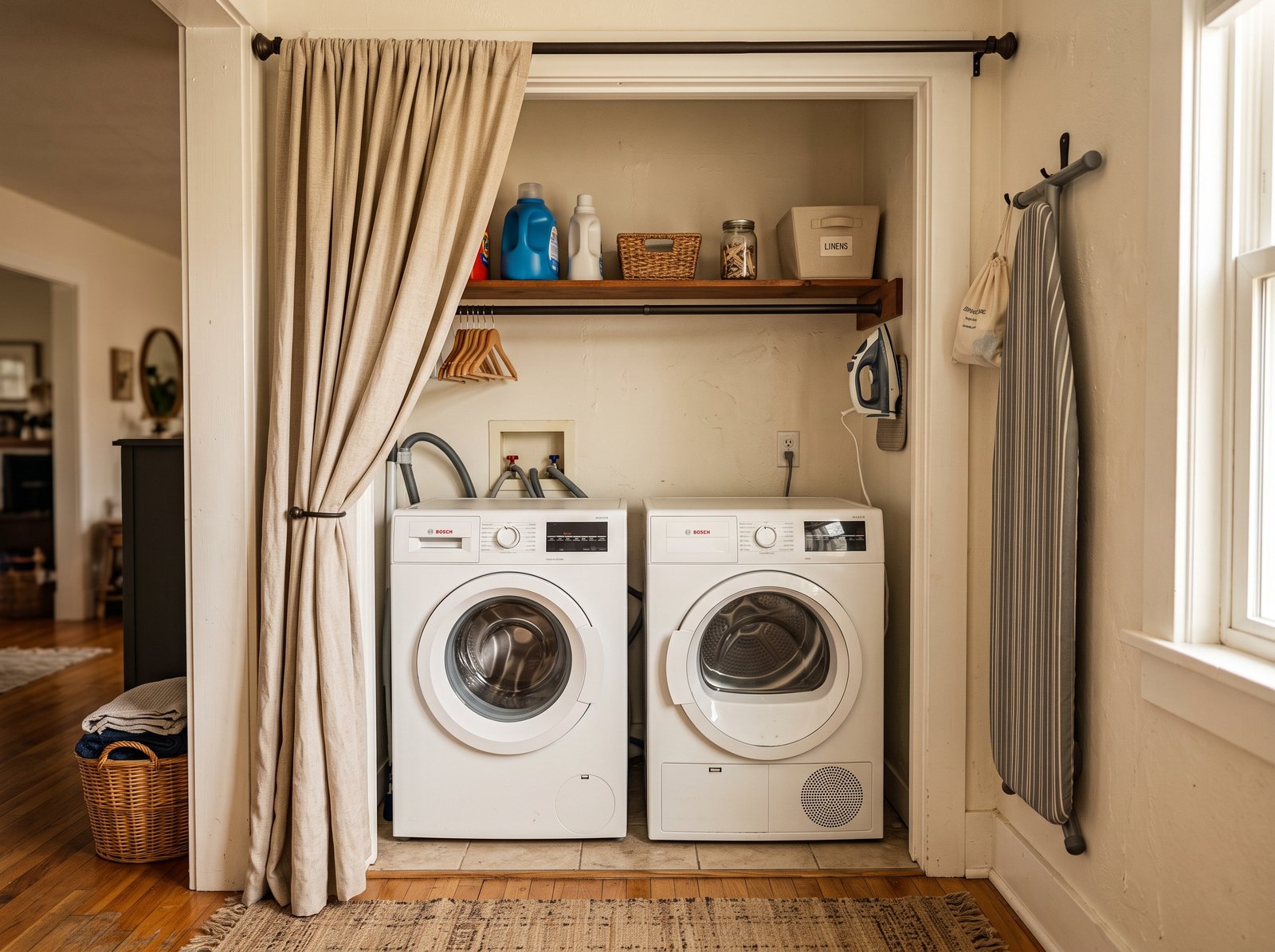 Laundry closet with a linen curtain instead of doors, narrow shelf above the machines, and an ironing board on a side hook
