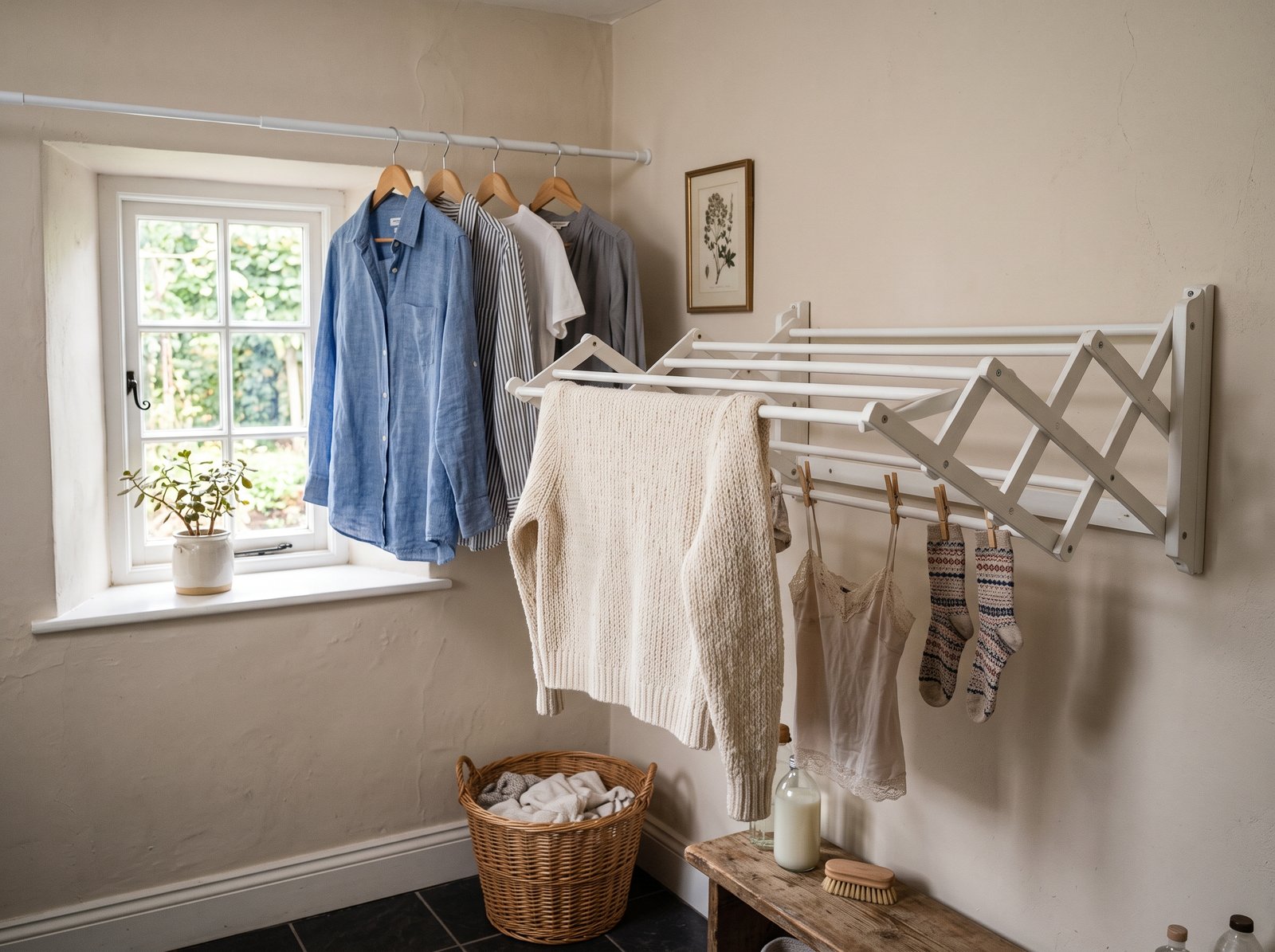 Wall-mounted accordion drying rack holding a sweater with shirts hanging from a tension rod above