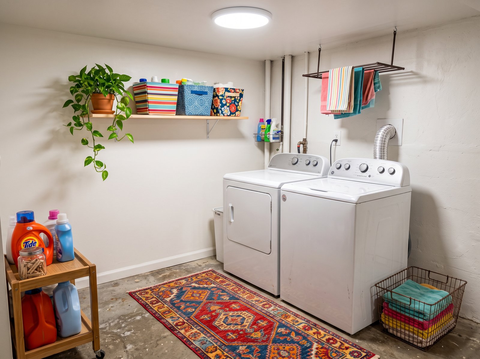 Basement laundry corner brightened with white paint, a colorful runner rug, open shelving, and a pothos plant