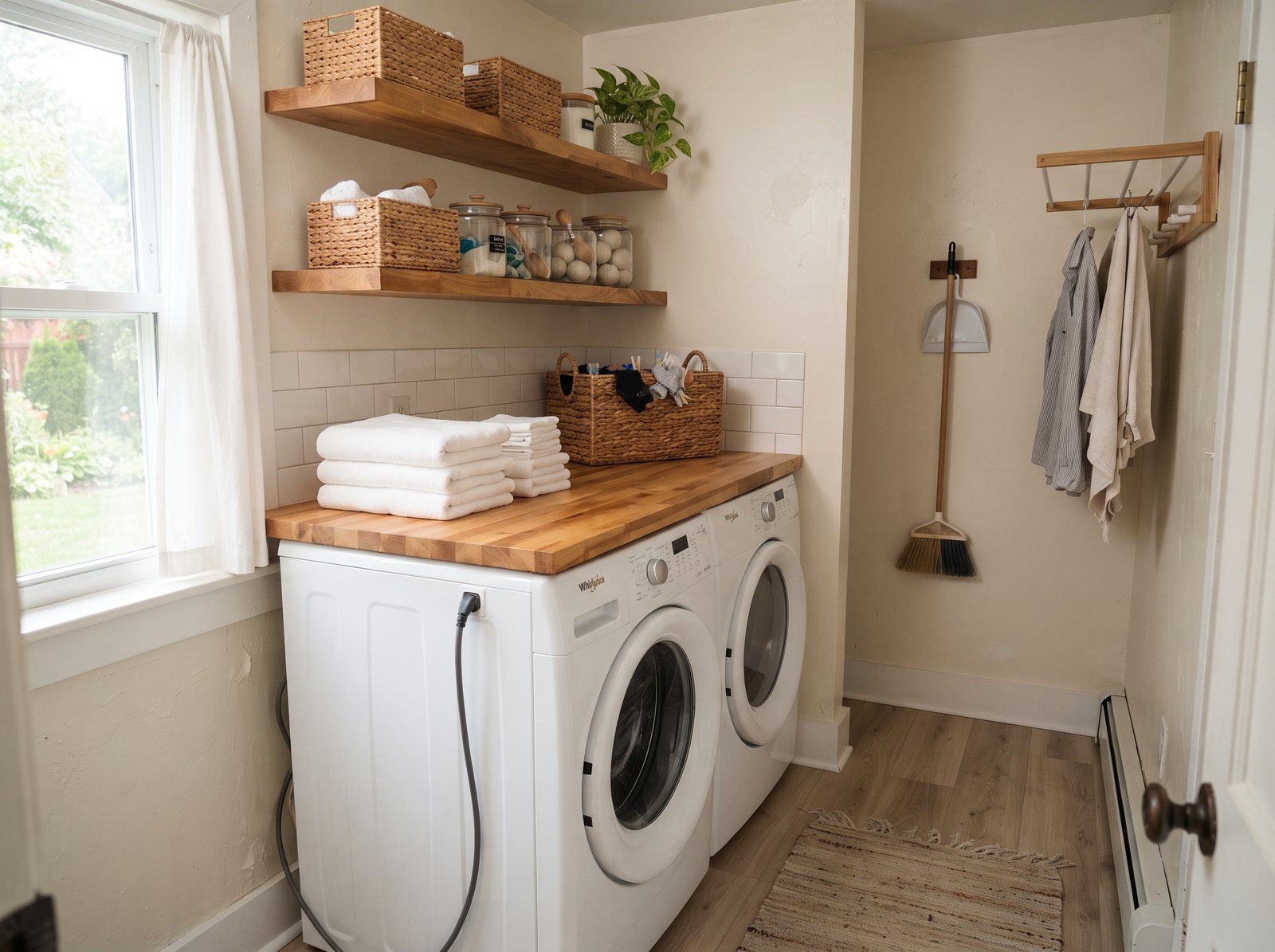 Wood folding counter installed over side-by-side front-load washer and dryer with folded towels and storage bins above