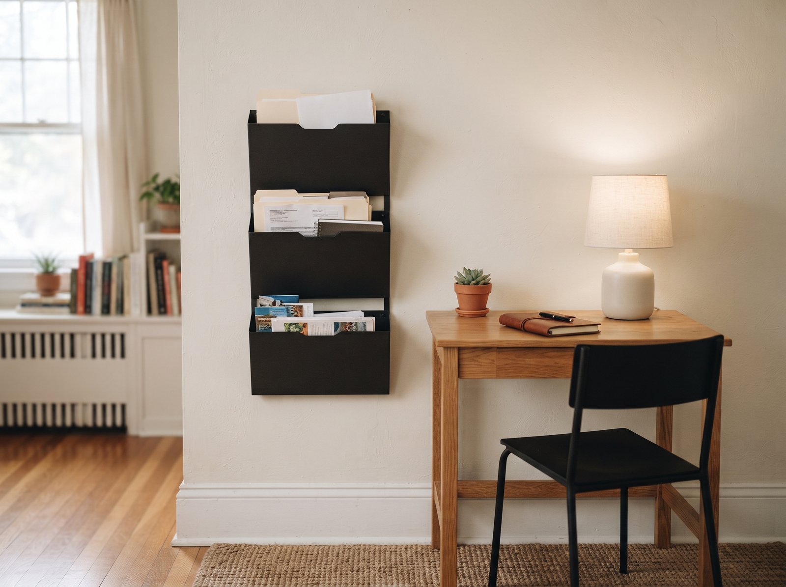 Wall-mounted three-slot file organizer holding papers next to a small desk