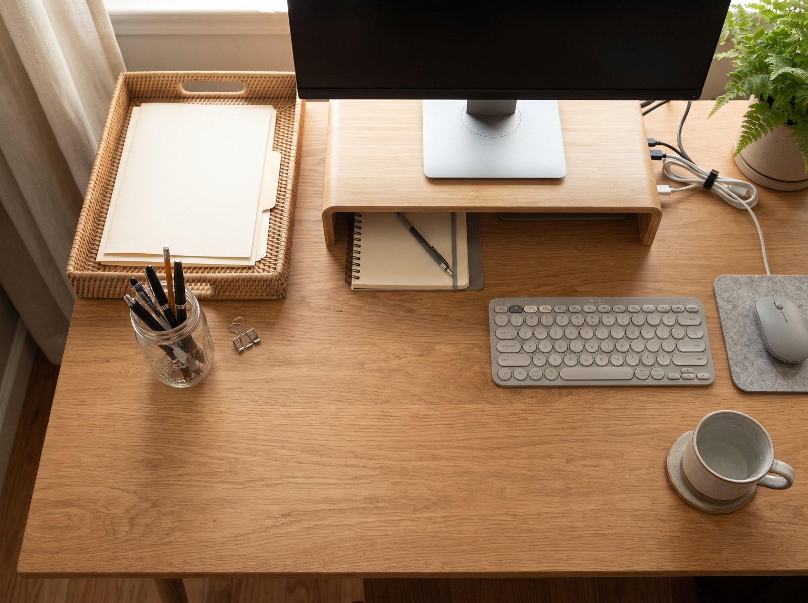 Organized home desk with a shallow paper tray, pen cup, and monitor riser
