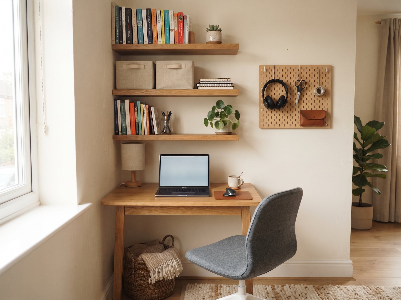 Small home office with floating shelves and a wall-mounted pegboard for storage