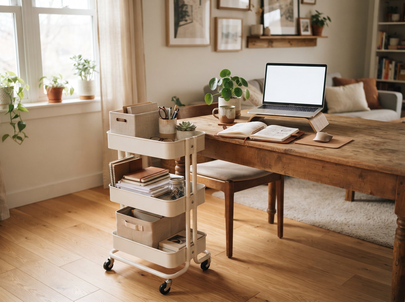 Rolling storage cart with office supplies next to a dining table used as a workspace