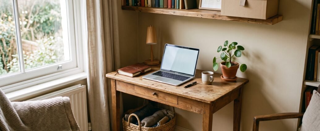 Cozy home office corner with a wooden desk near a sunny window