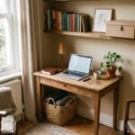 Cozy home office corner with a wooden desk near a sunny window