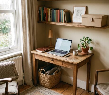 Cozy home office corner with a wooden desk near a sunny window