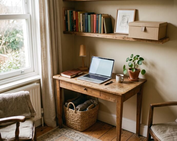 Cozy home office corner with a wooden desk near a sunny window