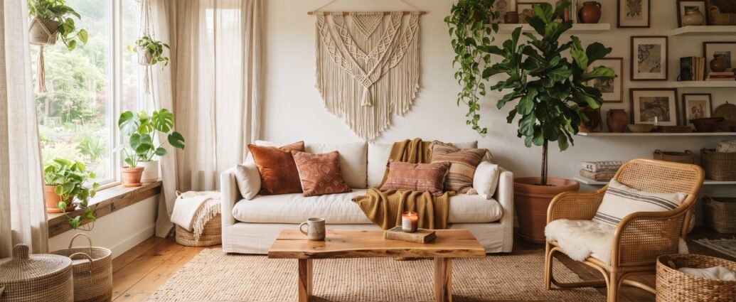 Warm, layered bohemian living room with a cream linen sofa, jute rug, rattan chair, macrame wall hanging, and trailing plants