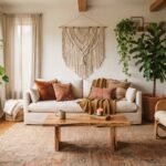 Warm, layered bohemian living room with a cream linen sofa, jute rug, rattan chair, macrame wall hanging, and trailing plants