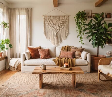 Warm, layered bohemian living room with a cream linen sofa, jute rug, rattan chair, macrame wall hanging, and trailing plants