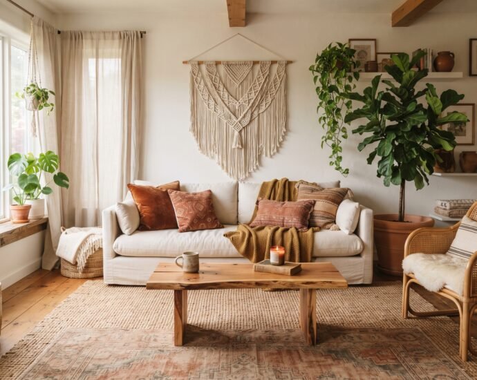 Warm, layered bohemian living room with a cream linen sofa, jute rug, rattan chair, macrame wall hanging, and trailing plants