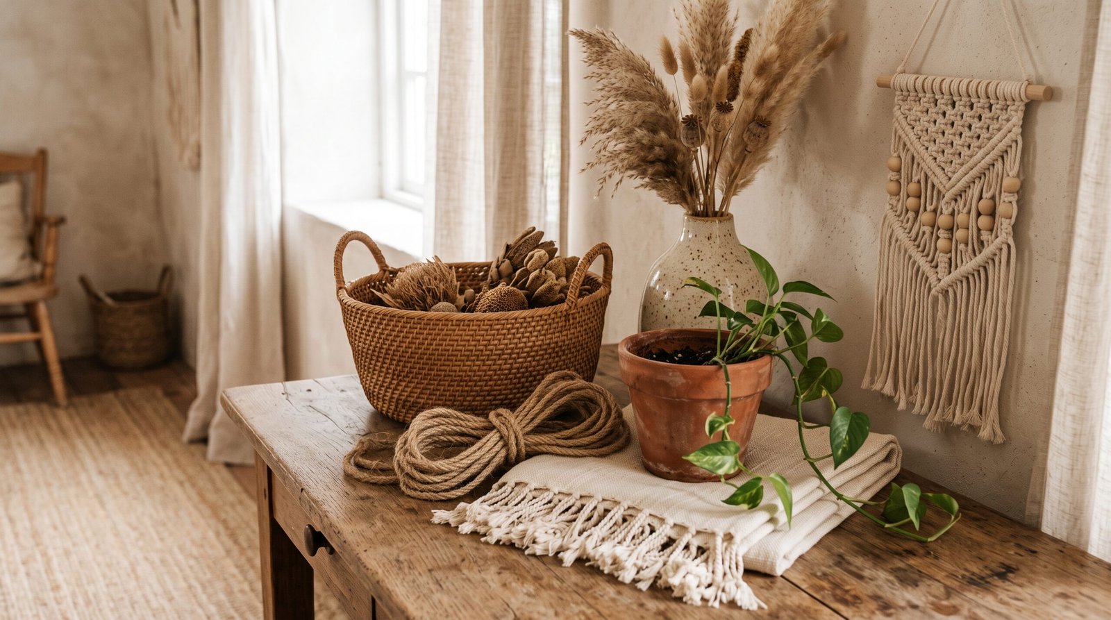 Boho natural materials arranged on wood: rattan basket, jute rope, terracotta pot with plant, fringed linen throw, ceramic vase, and pampas grass