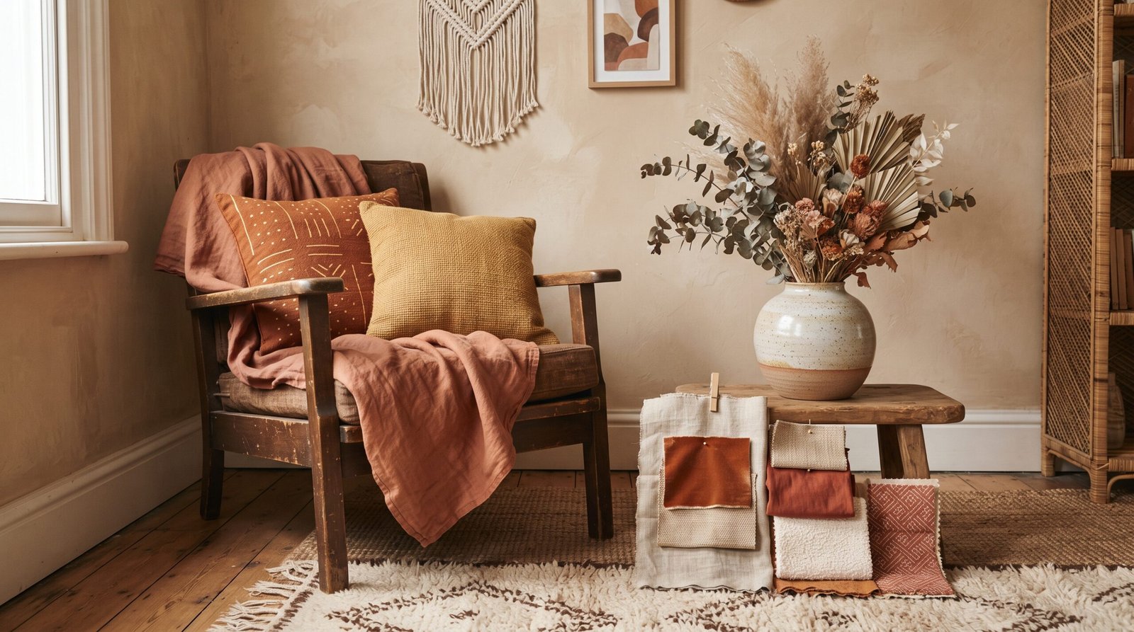 Earthy boho color palette styled corner with terracotta, rust, cream, and mustard textiles and dried florals