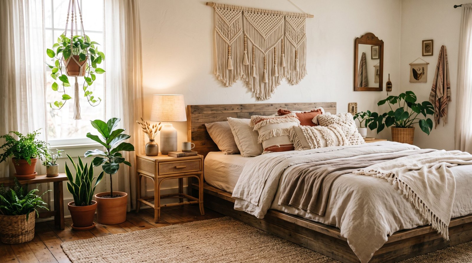 Serene bohemian bedroom with layered cream linen bedding, a macrame wall hanging above the bed, rattan nightstand, and plants