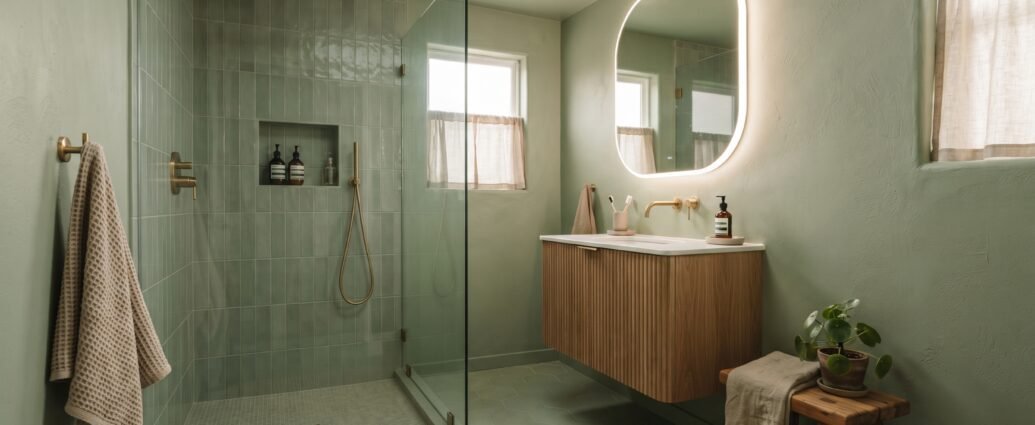 Small sage-green color-drenched bathroom with curbless glass-panel shower, floating wood vanity and oversized backlit mirror — small bathroom trends 2026