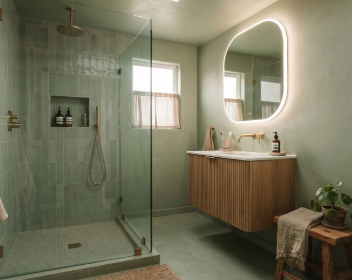 Small sage-green color-drenched bathroom with curbless glass-panel shower, floating wood vanity and oversized backlit mirror — small bathroom trends 2026