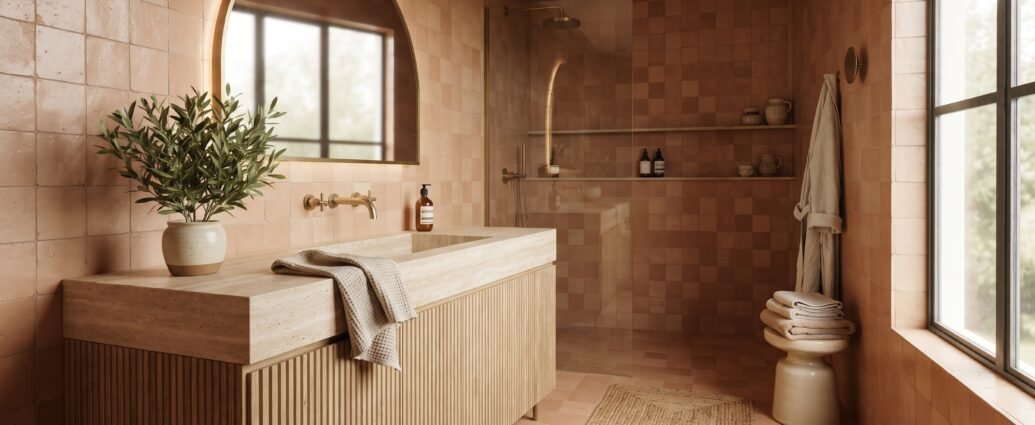 Warm terracotta tile-drenched bathroom with fluted white oak vanity, brass fixtures and arched backlit mirror — 2026 bathroom trends