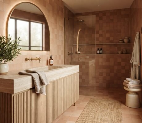 Warm terracotta tile-drenched bathroom with fluted white oak vanity, brass fixtures and arched backlit mirror — 2026 bathroom trends