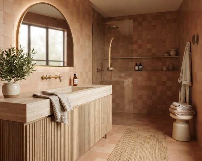 Warm terracotta tile-drenched bathroom with fluted white oak vanity, brass fixtures and arched backlit mirror — 2026 bathroom trends
