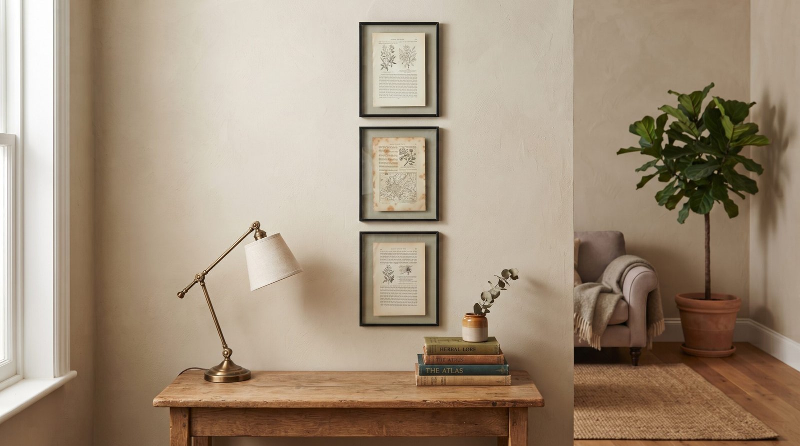 Three framed vintage book pages hung as wall art above a wooden console