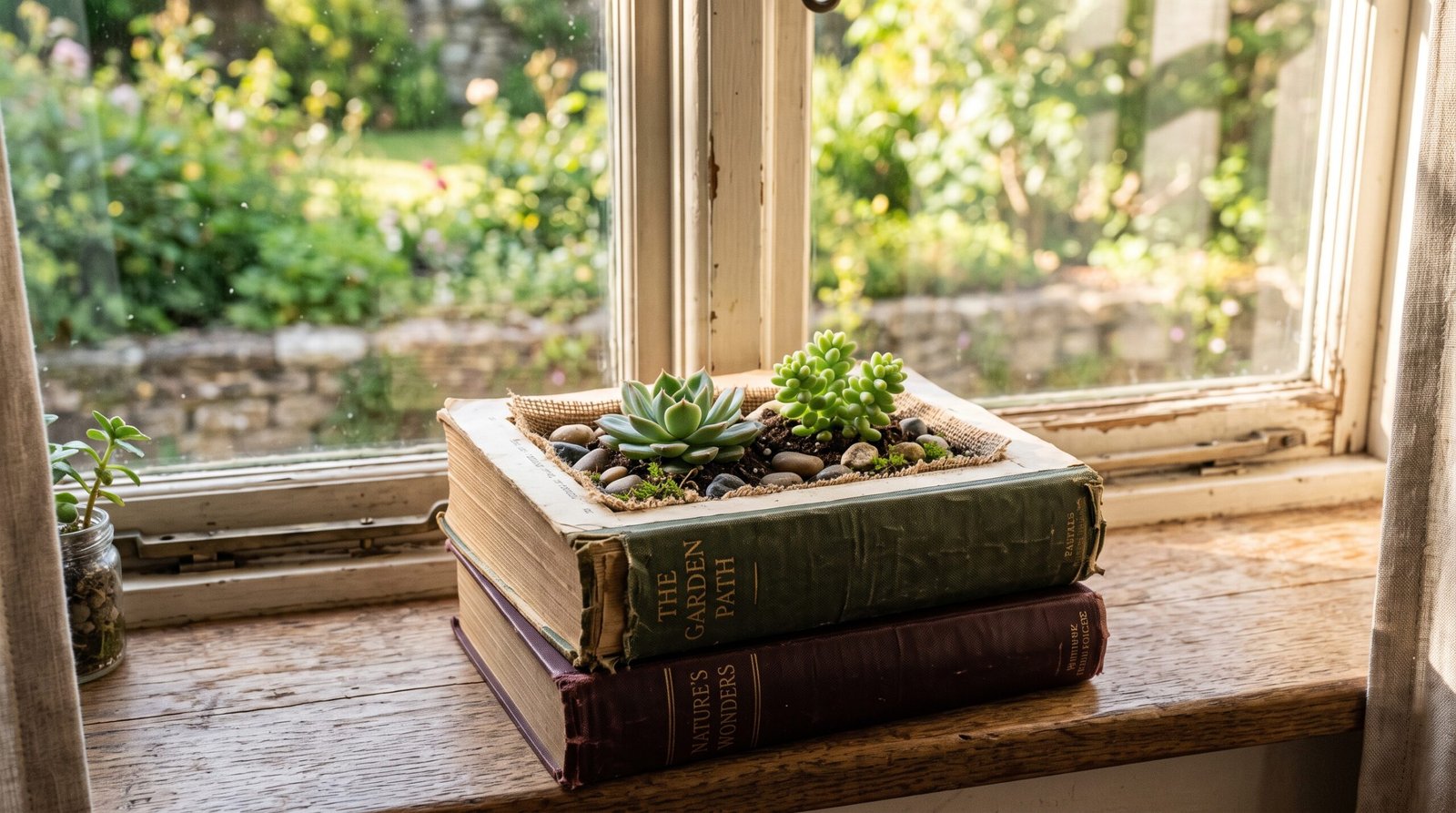 Hollowed-out vintage book planted with small succulents on a windowsill