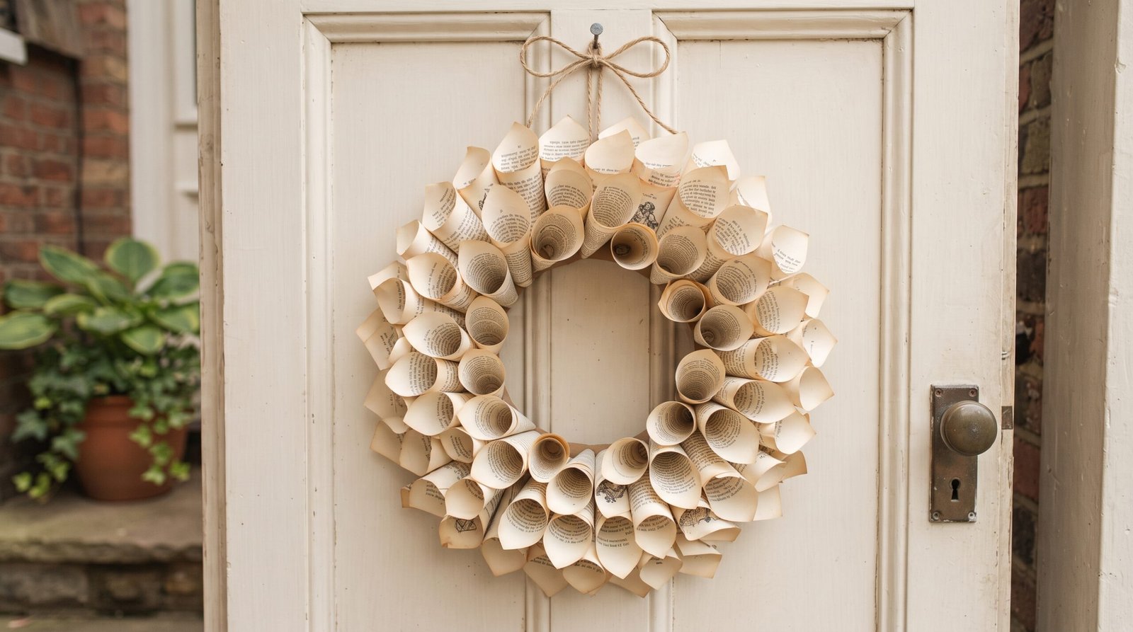 DIY book page wreath made of rolled paper cones hanging on a front door