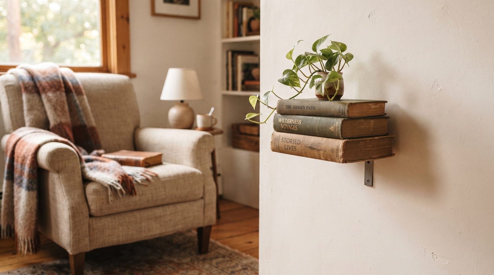 Invisible floating bookshelf: a stack of vintage hardcovers appearing to float on the wall