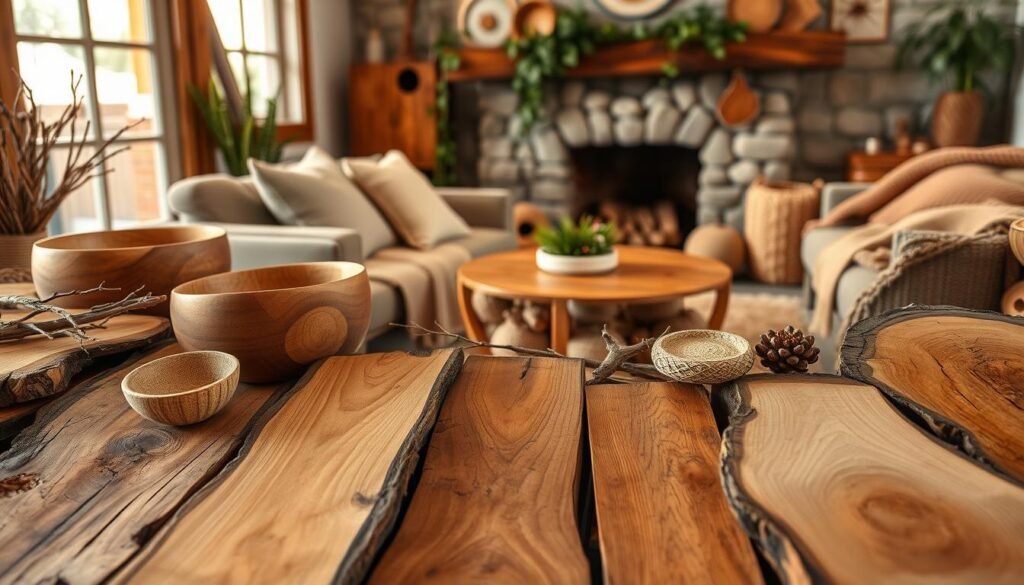 A beautifully arranged collection of local wood materials, showcasing a variety of textures and colors. In the foreground, rustic wooden planks with distinct grain patterns are artfully displayed alongside smooth, polished wooden bowls and natural twigs. In the middle, a cozy living room setting features a handmade wooden coffee table, surrounded by plush, earthy-toned cushions and a softly woven blanket, all bathed in warm, ambient light. The background highlights a charming fireplace with a wooden mantel, adorned with greenery and handmade crafts, creating an inviting atmosphere. The scene captures the essence of warmth and authenticity, inviting viewers to appreciate the beauty of local materials in rustic decor. Soft, diffused lighting mimics the glow of a sunset, enhancing the cozy feel of the space.