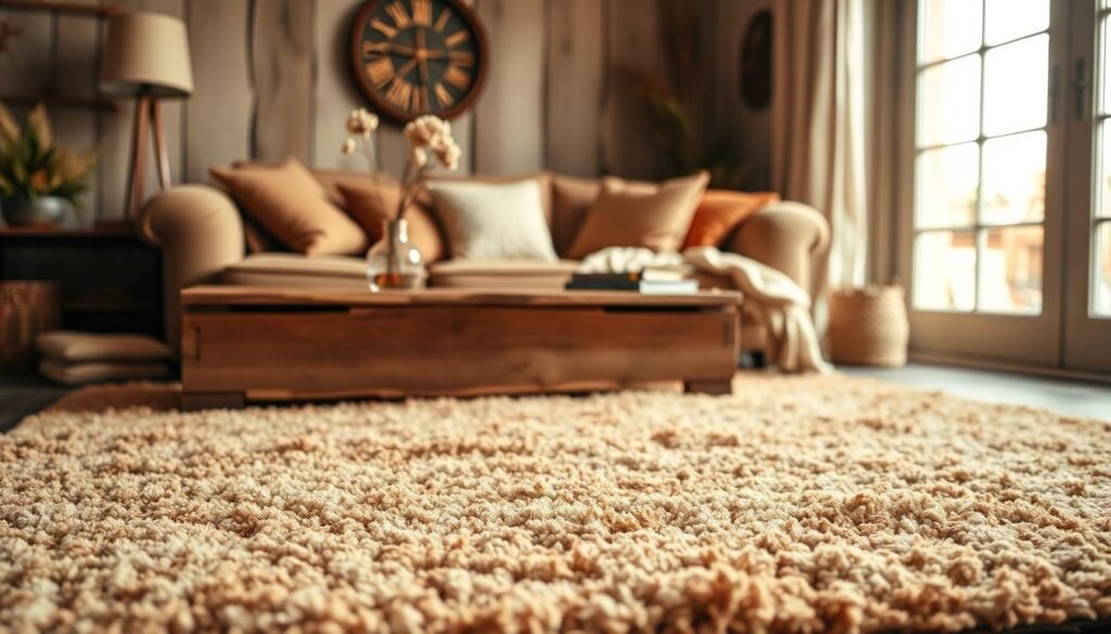 A beautifully arranged cozy living room featuring a soft, plush area rug in warm earth tones, such as deep browns, burnt oranges, and cream. The rug is centered in front of a rustic wooden coffee table adorned with a small vase of dried flowers. In the foreground, the rug's texture is highlighted, inviting viewers to imagine its warmth and comfort. The middle ground shows a comfortable, well-worn sofa adorned with textured throw pillows, creating an inviting atmosphere. In the background, warm natural light filters through a large window, casting gentle shadows and enhancing the rustic charm of the space. The overall mood is tranquil and welcoming, perfect for a cozy retreat.