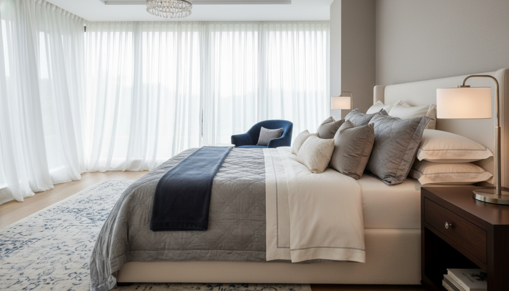 A beautifully designed luxury bedroom featuring high-quality bedding and elegant furniture. In the foreground, a plush king-sized bed is adorned with layers of soft, silky sheets, a textured duvet, and an array of luxurious decorative pillows in neutral tones. The middle ground showcases a stylish nightstand with a sleek lamp casting a warm, inviting glow. A tasteful armchair sits nearby, elegantly upholstered, adding a touch of sophistication. In the background, large windows draped with sheer, flowing curtains allow soft natural light to flood the room. The atmosphere is tranquil and opulent, with a rich color palette of deep blues and warm greys.