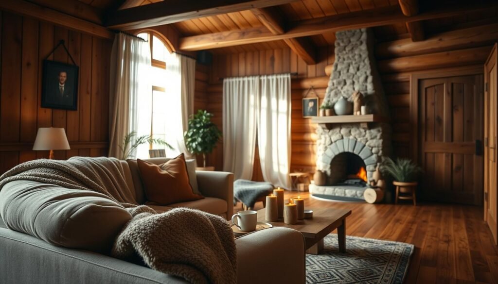 A cozy living room enveloped in rich, natural wood tones, featuring wooden paneling on the walls, a rustic wooden ceiling with exposed beams, and a warm oak floor. In the foreground, a plush, inviting sofa draped with soft, textured blankets. A wooden coffee table holds a steaming mug and a few decorative candles, providing a warm touch. In the middle, a large window allows soft, ambient daylight to filter through sheer curtains, casting gentle shadows. The background showcases a stone fireplace with a crackling fire, framed by more wooden accents and some potted greenery that add life. The overall atmosphere is warm, inviting, and serene, ideal for relaxation and timeless appeal. Use a soft focus lens effect for a dreamy quality that enhances the cozy ambiance.