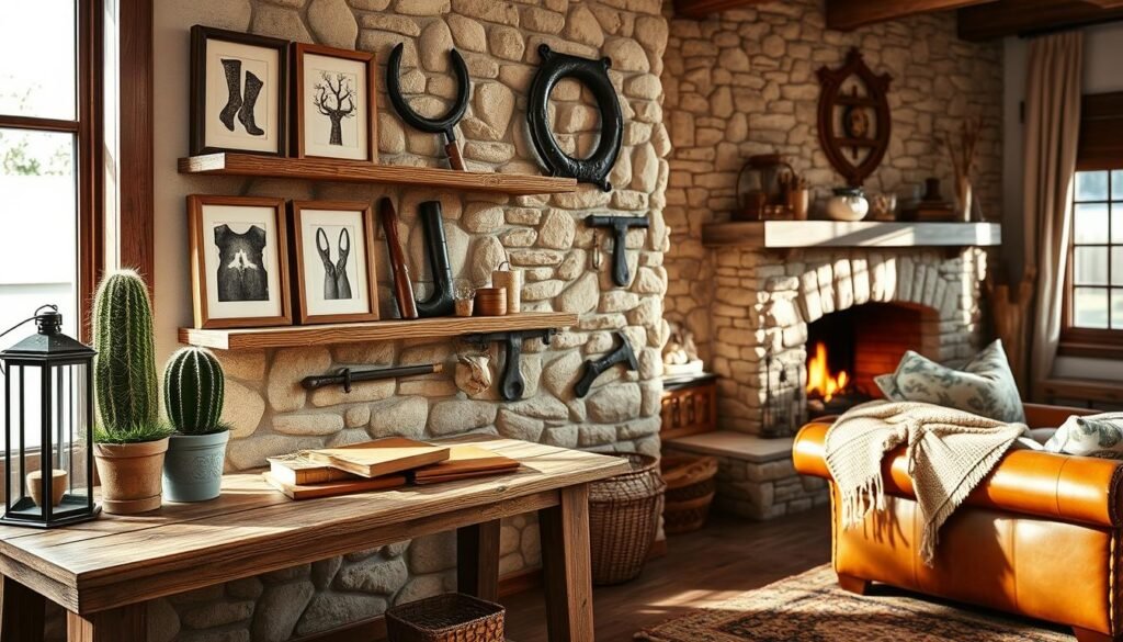 A cozy living room featuring western rustic wall decor. In the foreground, a reclaimed wooden console table adorned with a vintage lantern, a potted cactus, and framed cowhide prints. The middle of the scene showcases a textured stone wall decorated with rustic wooden shelves holding antique tools and a large wall-mounted horseshoe. In the background, a comfortable leather sofa draped with a woven blanket and accent pillows, alongside a warm fireplace emanating soft light. The atmosphere should evoke warmth and inviting charm, with natural sunlight filtering through a window, casting gentle shadows across the room. The focus is on creating a harmonious blend of western elements and rustic textures, emphasizing comfort and style.