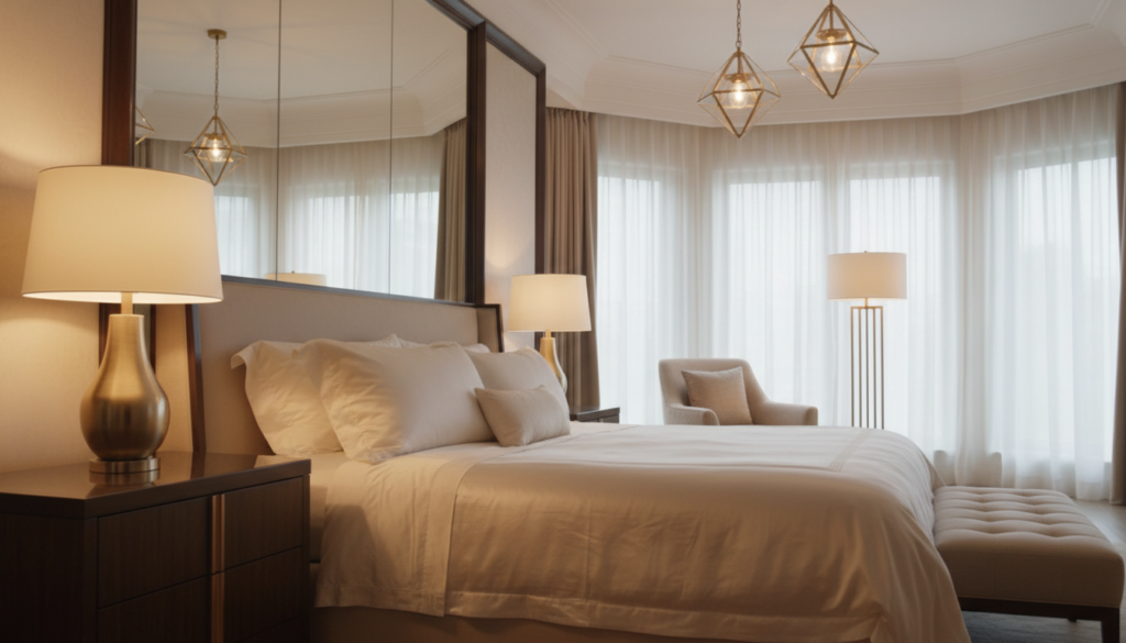 A luxurious primary suite bedroom featuring exquisite lighting design that creates a 5-star hotel ambiance. In the foreground, a plush king-sized bed dressed in silky linens, complemented by stylish bedside tables with elegant lamps casting a warm glow. In the middle ground, an inviting seating area with a modern armchair and an intricately designed floor lamp, illuminating the space with soft, inviting light. The background showcases large windows draped with sheer curtains allowing natural light to filter in, accented by pendant lights with a geometric design hanging from the ceiling. The color palette includes soft neutrals and gold accents to enhance the opulent atmosphere.