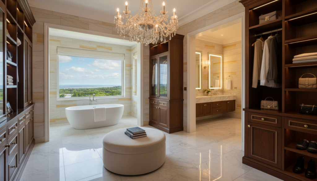 A luxurious primary suite featuring a beautifully designed closet and bathroom. In the foreground, showcase elegant wooden cabinetry with ample storage, adorned with tasteful gold accents. Include a plush ottoman and polished marble flooring that reflects soft, natural light. The middle layer reveals an expansive bathroom with a freestanding soaking tub placed near a large window, allowing for stunning views. Beautifully tiled walls in warm hues enhance the serene atmosphere. The background should portray a softly illuminated chandelier hanging above, casting a warm glow. The mood is tranquil and inviting, suggesting a 5-star hotel ambiance.