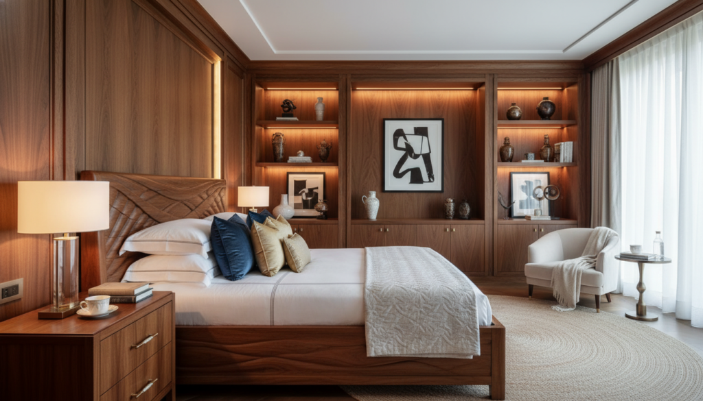 A luxurious primary suite featuring bespoke wood millwork and elegant interior design elements. In the foreground, showcase a beautifully crafted wooden bed frame with intricate carvings, complemented by plush bedding and decorative pillows. The middle ground includes a stylish nightstand made of rich mahogany, adorned with a sophisticated lamp, and a chic armchair with a soft fabric. In the background, a stunning feature wall showcases custom cabinetry and built-in shelving, highlighting decorative accents and fine art. Soft, diffused lighting creates a warm and inviting atmosphere, while a wide-angle perspective captures the spaciousness of the room. The mood is serene and upscale, embodying the essence of a 5-star hotel feel.
