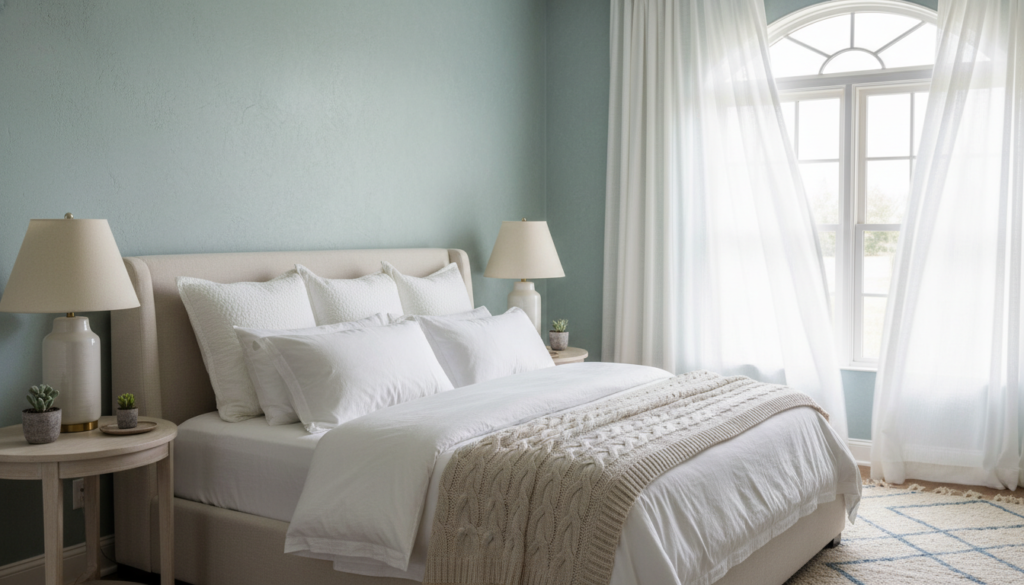 A serene primary suite designed with a soothing color palette featuring soft blues, gentle greens, and warm neutrals. In the foreground, a plush, neutral-toned bed adorned with fluffy white pillows and a textured knit throw. The middle ground showcases elegant nightstands with soft lighting, emanating a warm glow from stylish lamps, surrounded by small succulents for a touch of nature. The background reveals a large window with sheer curtains fluttering softly, allowing natural light to bathe the room in a tranquil ambiance. The overall atmosphere exudes luxury and calmness, enhanced by subtle textures of a cozy area rug and elegant wall finishes. The image captures a high-quality, well-lit scene, shot with a focus on soft, diffused lighting to evoke a peaceful and inviting retreat.
