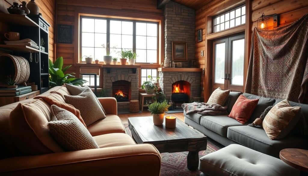 A small rustic living room design, featuring a cozy layout that maximizes space. In the foreground, a plush, earthy-toned sofa adorned with textured throw pillows, accompanied by a reclaimed wood coffee table. The middle ground showcases a stone fireplace with a gently crackling fire, surrounded by potted plants and vintage decor items. The walls are adorned with warm, wooden paneling and soft, handmade quilts draping over the back of the sofa. In the background, large windows let in soft, natural light, illuminating the room with a warm glow. The scene conveys a welcoming, intimate atmosphere perfect for relaxation.