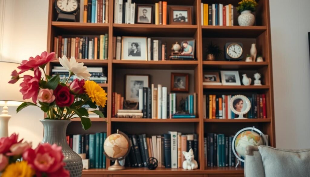 bookshelf styling with collectibles