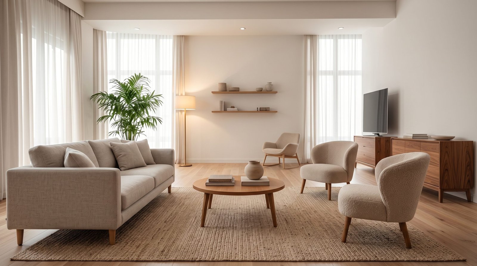 Warm minimalist living room with a low-profile linen sofa, jute rug, and layered lighting