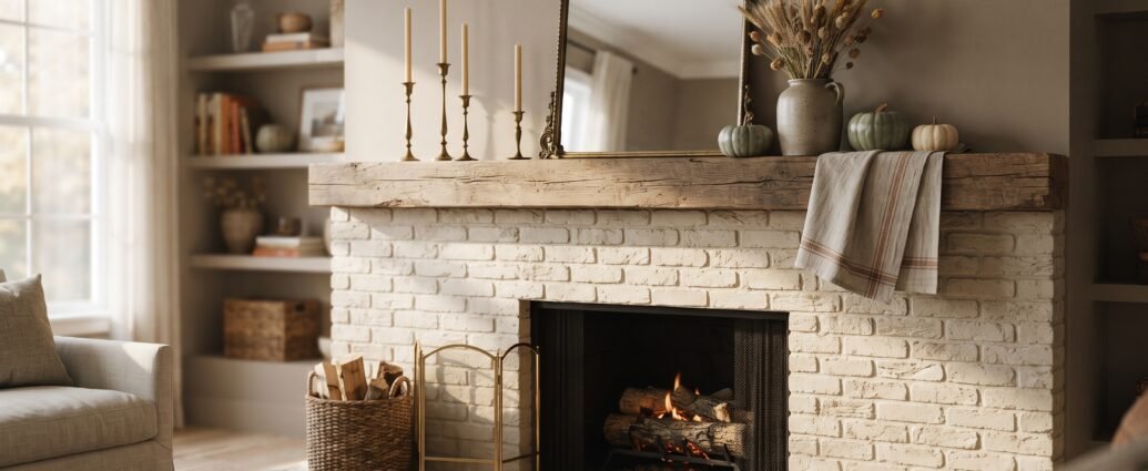 Fall mantel decor ideas: a limewashed brick fireplace styled with brass candlesticks, dried wheat and heirloom pumpkins