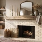 Fall mantel decor ideas: a limewashed brick fireplace styled with brass candlesticks, dried wheat and heirloom pumpkins