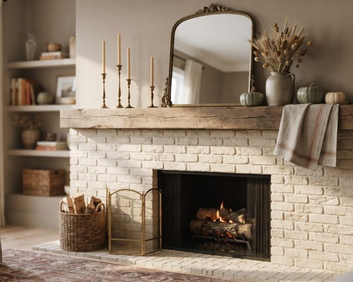 Fall mantel decor ideas: a limewashed brick fireplace styled with brass candlesticks, dried wheat and heirloom pumpkins