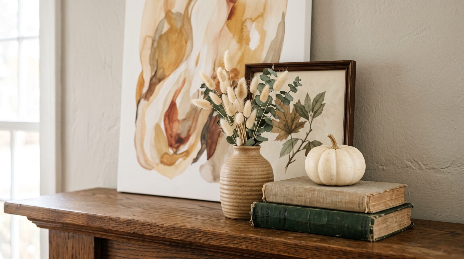 Layered fall mantel decor with leaning art, a ribbed ceramic vase of dried grasses and a small white pumpkin