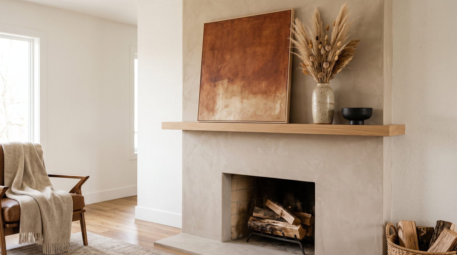 Minimal fall mantel decor idea with a plaster surround, rust colour field art and dried pampas in a speckled vase