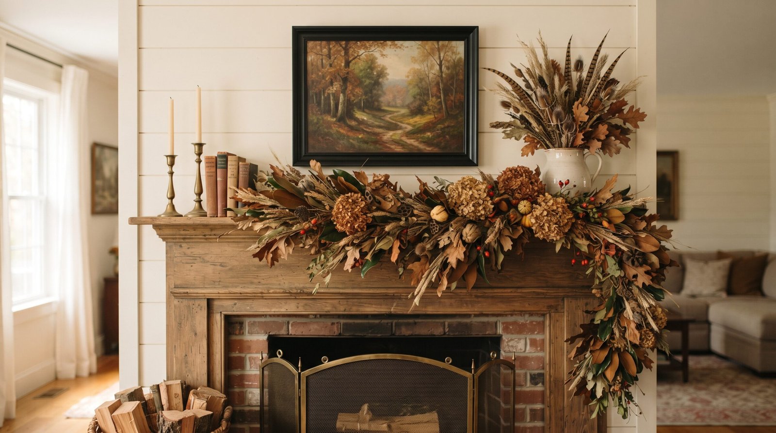 Traditional fall mantel decor with an asymmetric dried oak and magnolia garland, brass candlesticks and vintage books