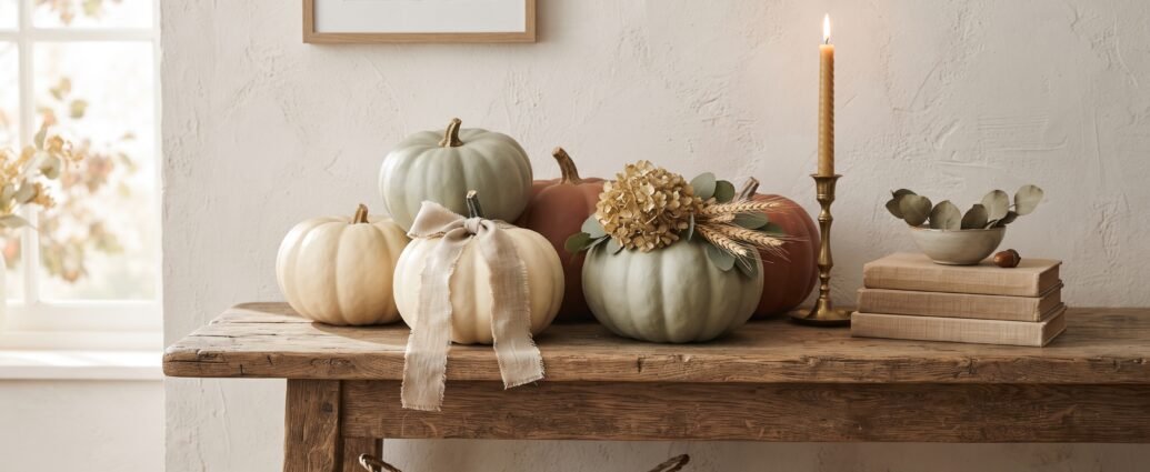 No carve pumpkin decorating ideas styled on a console table with matte painted pumpkins, dried botanicals and brass candlesticks