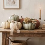 No carve pumpkin decorating ideas styled on a console table with matte painted pumpkins, dried botanicals and brass candlesticks