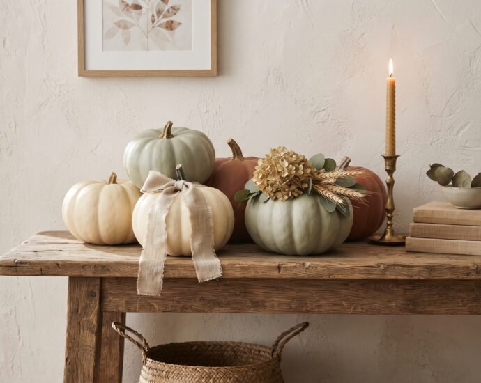 No carve pumpkin decorating ideas styled on a console table with matte painted pumpkins, dried botanicals and brass candlesticks